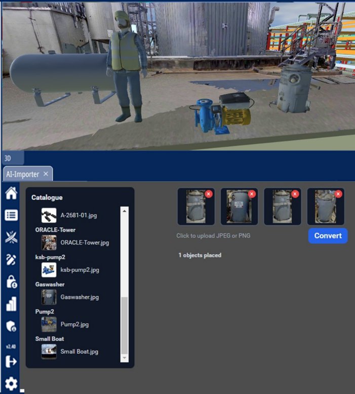 RealitySnap AI in UDiTH: photos converted into a 3D pump placed in the model, with the object catalogue